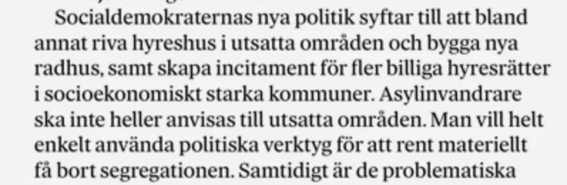 Faksimil från Dagens Nyheter som beskriver Socialdemokraternas politik om bostäder och segregation.