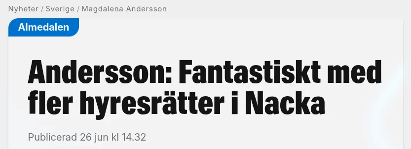 Faksimil från Expressen med rubriken Andersson: Fantastiskt med fler hyresrätter i Nacka.