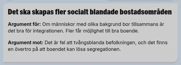 Faksimil från Expressen/TT:s valkompass med argument för och mot socialt blandade bostadsområden.